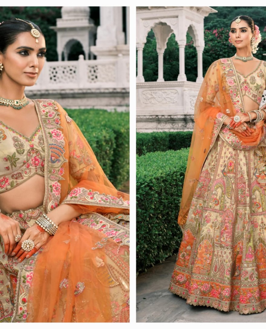 Beige - Beige & Orange Fancy Silk Lehenga Choli With Cut Work Embroidery Border & Stone Work